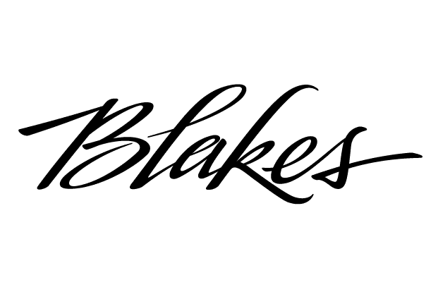 Blakes, a logo in stylized, black cursive font.